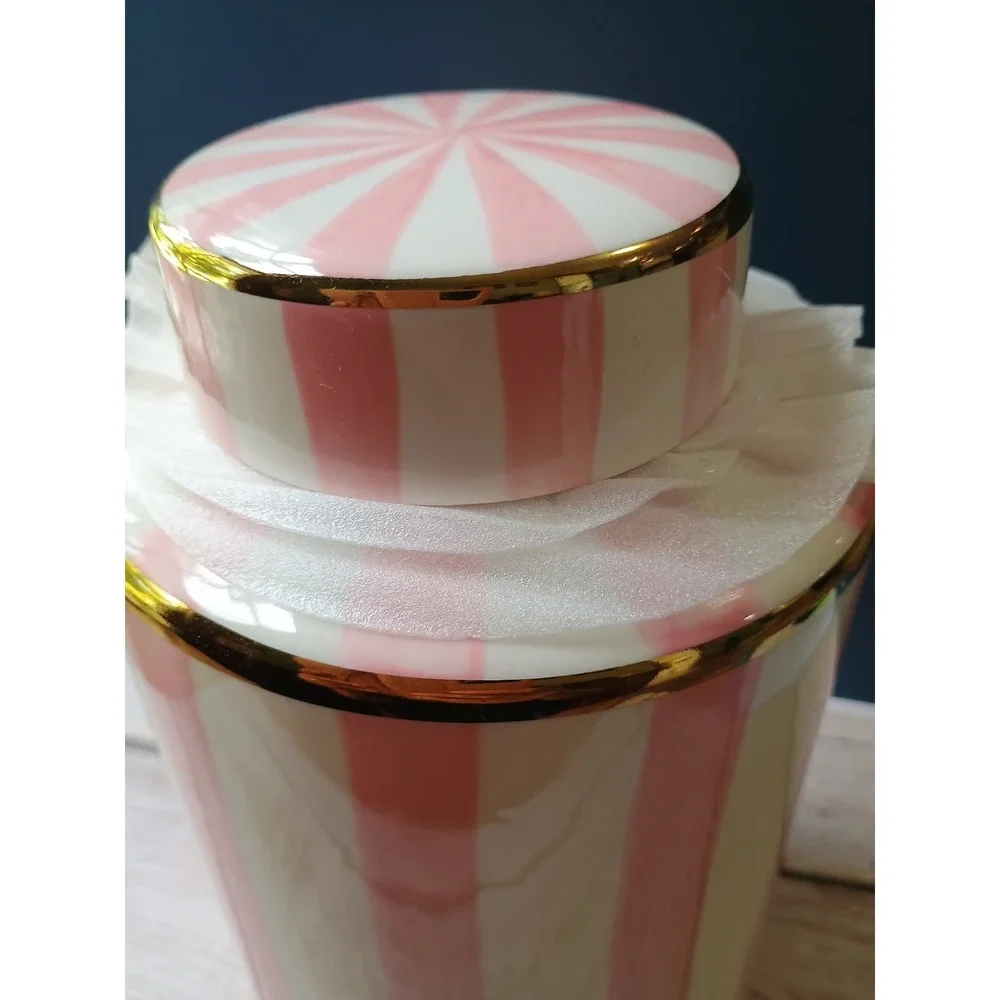 NEW Pink Ceramic Jar Vase With Removable Lid  Gold Accents Decorative - Picture 3 of 6